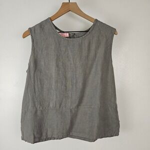 Bryn Walker Linen Boxy Tank Top Sz M Grey Lagenlook Shirt Split Hem
